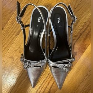 ZARA metallic slingback kitten heels.